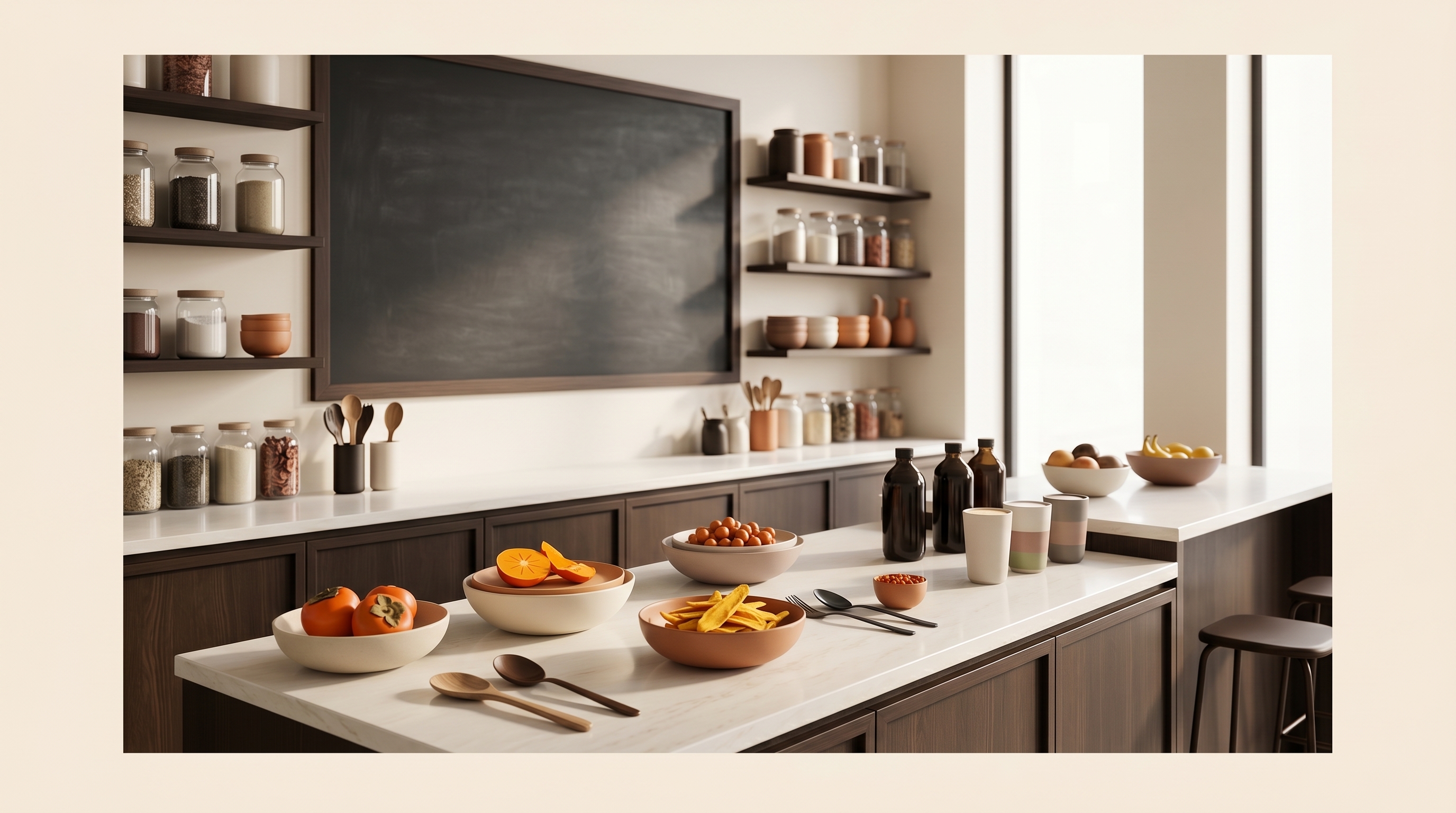Editorial wide-angle photo of a smoothie-bowl counter in daylight, with bright fruit garnish bowls and a chalkboard menu, restrained warm cream and deep-brown palette, no people, no logos.